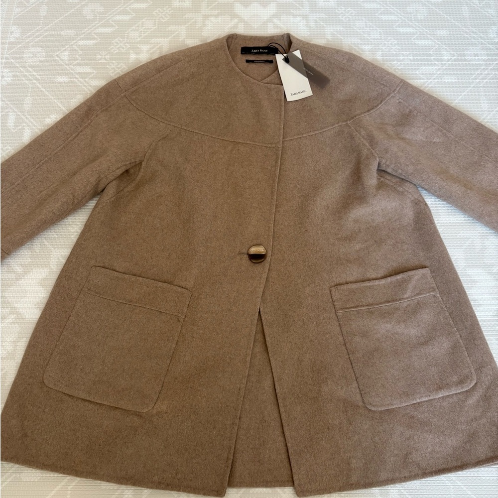 Zara Taupe Round-Neck Wool Blend Coat